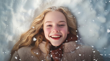 Fototapeta premium Happy woman lies on the snow. Pretty ginger lady enjoys winter. Top view, close up Christmas portrait.