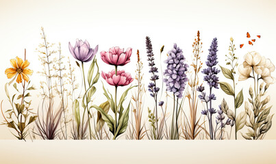 Drawn wild flowers on a white background in vintage style.
