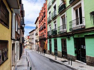 Typical street in old Madrid downtown with colorful houses