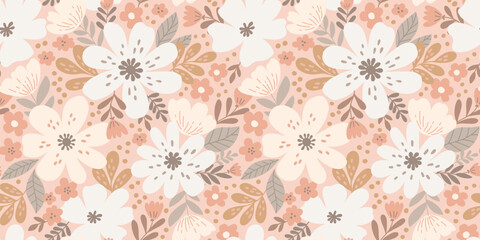 Blossom daisies, pink shades, background with leaves. Peachy pastel monochrome hand-drawn paper with flowers. Floral boho pattern with pink flowers and leaves. 