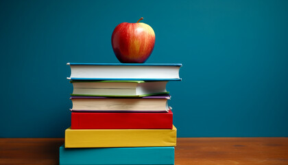 School books stacked neatly, with a vibrant red apple on top