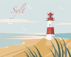 Island of Sylt in North Friesland, northern Germany. Maritime landscape with lighthouse, beach and dunes in front of the Wadden Sea. Minimalist travel and tourism concept. Hand drawn, vector eps.
