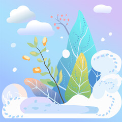 Seasons, nature in different periods. Vector illustration, sticker, concept of change of seasons. Winter. Banner.