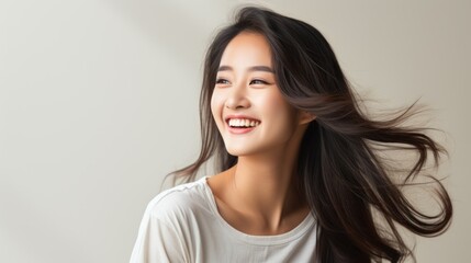 Fototapeta premium Close-up portrait of a beautiful Asian model laughing and smiling with clean teeth. Used for dental advertising isolated on white background