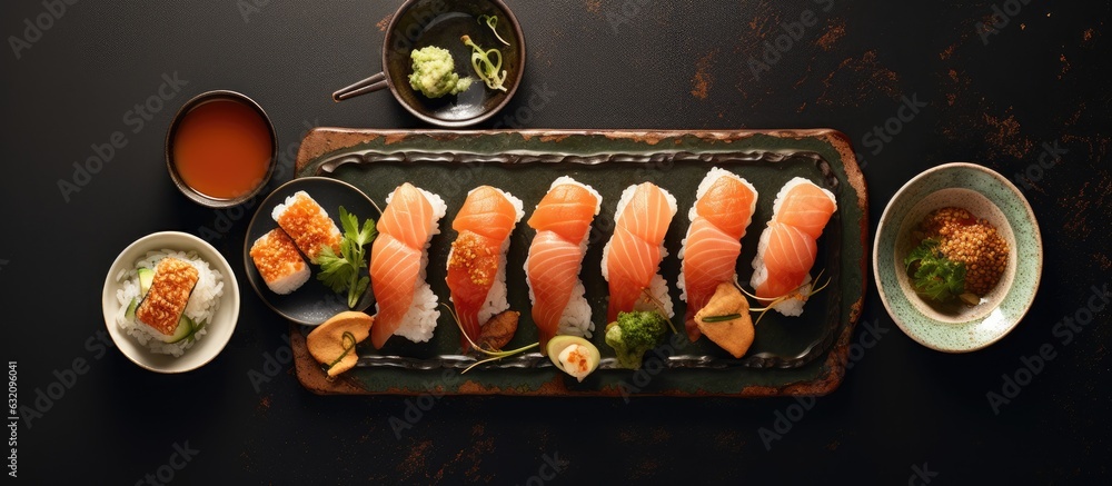 Poster Japanese Sushi Set. Flat lay view from the top with space for copy.