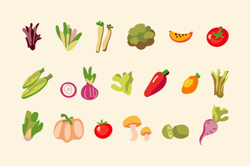 Colorful vegetables retro characters sticker set. Modern label with cute characters. Hand drawn doodles. Set in modern cartoon style. 60s, 70s vintage vibes...