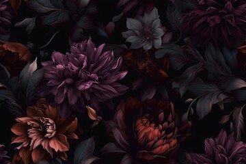 Dark seamless pattern with flowers. Applicable for fabric print, textile, wrapping paper, wallpaper. Botanical background with plants. Vintage, classic style. Repeatable texture. Generative AI.