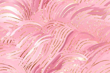Fototapeten Pink seamless pattern with abstract elements. Applicable for fabric print, textile, wrapping paper, wallpaper. Pink background with shiny golden particles. Repeatable texture. Generative AI. © Kassiopeia 