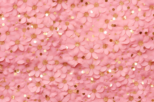 Pink seamless pattern with flowers and golden glitter, sequins. Applicable for wrapping paper, print. Background with shiny elements. Repeatable texture. Celebration, festive, event. Generative AI.