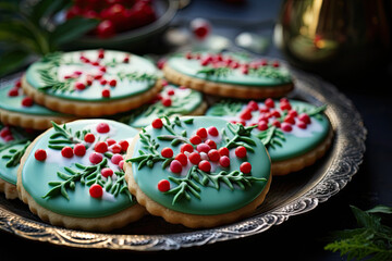 Fototapeta na wymiar Christmas ornament sugar Cookies with intricate designs. 