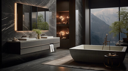 sleek grey marble bathroom with LED lighting, double vanity, and freestanding bathtub