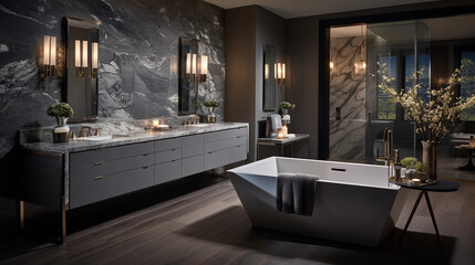 Obraz na płótnie Canvas sleek grey marble bathroom with LED lighting, double vanity, and freestanding bathtub