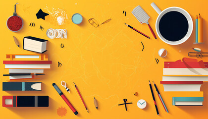 Back to school illustration of books, pencils, and other school elements.