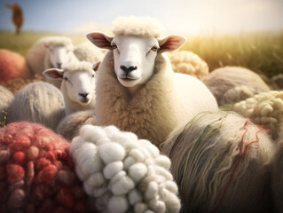 Fototapeta premium Sheeps, balls of yarn, balls of wool, colorful yarn, colorful wool, agriculture, local production, grass, arts and crafts, knitting, herd of sheep, farm, farming, fluffy animals