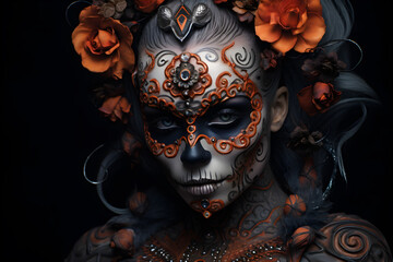 Day of the Dead Woman with Sugar Skull Makeup and Red Roses Generative ai  