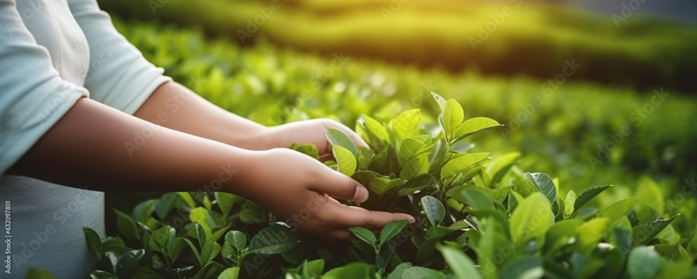 Wall mural Female hands gathering tea leaves on background of a tea plantation. Copy space