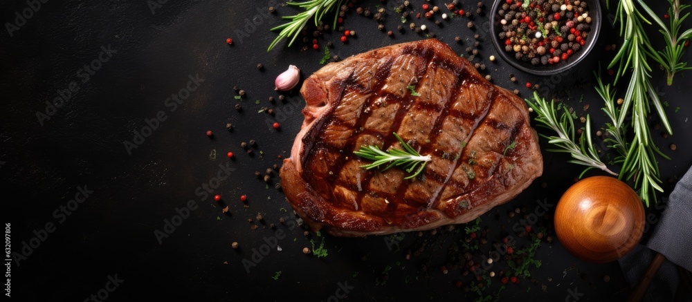 Poster grilled ribeye beef steak with herbs and spices, seen from above with space for your text.