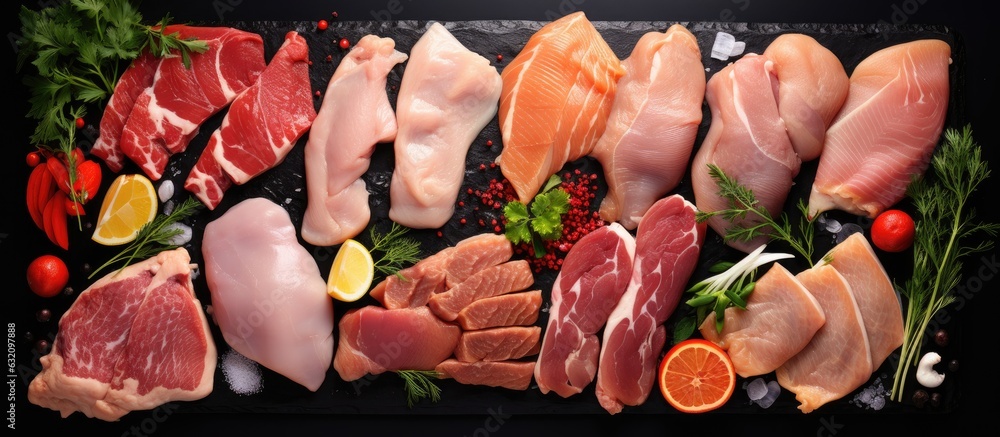 Poster Types of raw chicken meat and poultry displayed on a black background from a top view with copy space.