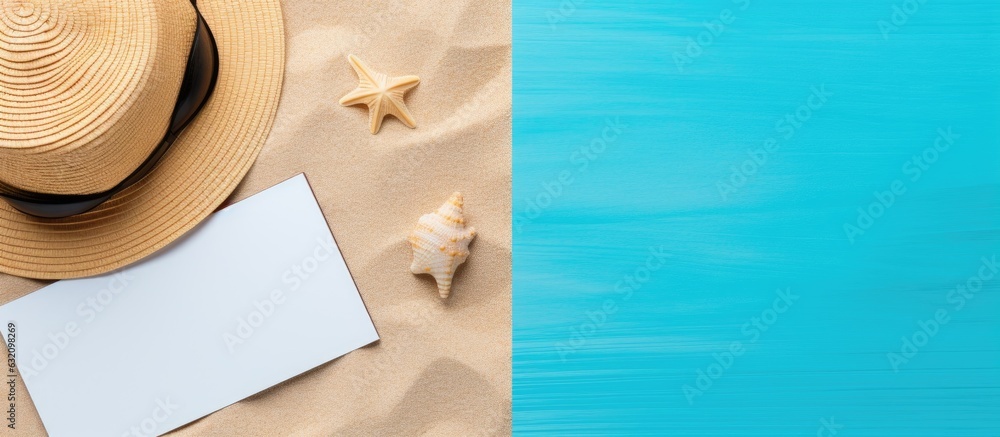 Poster A writing book with summer beach accessories is placed on a background and has copy space. is a flat lay with enough space for writing or copy.
