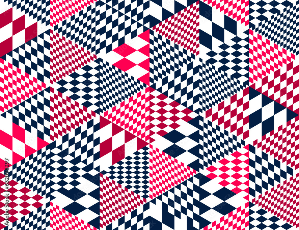 Poster geometric 3d seamless pattern with cubes, rhombus and triangles boxes blocks vector background, arch