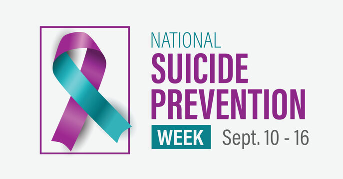 National suicide prevention week banner. Purple and teal ribbon on off-white background with text. Vector illustration