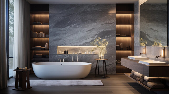sleek grey marble bathroom with LED lighting, double vanity, and freestanding bathtub