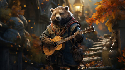 Bard bear playing the guitar along the stone staricase in the medieval fantasy world. Celtic fantasy. AI art. 
