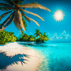 Beautiful white sand beach, turquoise ocean surrounded by palm trees and blue sky with clouds on a sunny day.