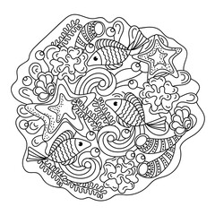 Coloring book page for adult , Under water. Marine vector motif . Doodle of the underwater world . Fish and plants, Monochrome. Aquariums.