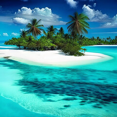Beautiful white sand beach, turquoise ocean surrounded by palm trees and blue sky with clouds on a sunny day.