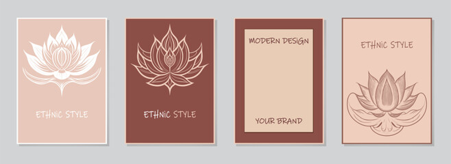 A set of actual covers, vertical templates. Collection of geometric delicate pastel backgrounds with ethnic tribal outline drawing of lotus flower, the national symbol of India.