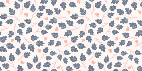 Autumn oak leaf pattern border. Vector fall seamless pattern design banner of seasonal leaves and acorns.