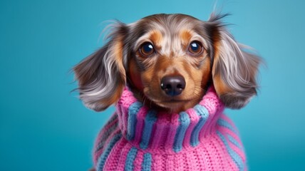 A cute longhaired Dachshund wearing a pink and blue turtleneck. Surreal concept for pet shop advertisement or banner. Illustration. Generative AI 