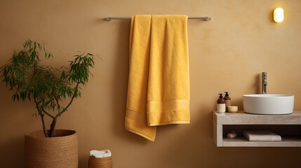 cozy bathroom ambiance, fluffy towel hanging from a towel rack, warm golden lighting creating a soothing atmosphere, minimalist and spa