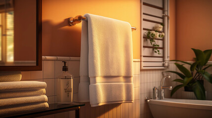 cozy bathroom ambiance, fluffy towel hanging from a towel rack, warm golden lighting creating a soothing atmosphere, minimalist and spa
