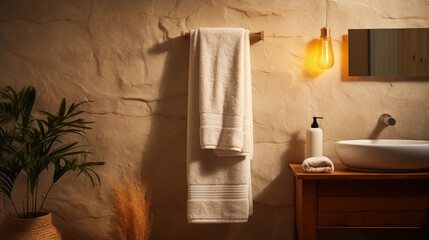 cozy bathroom ambiance, fluffy towel hanging from a towel rack, warm golden lighting creating a soothing atmosphere, minimalist and spa