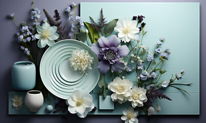 Flowers in vases, in a delicate lilac-blue color.