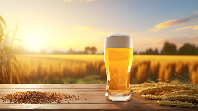 Glass of beer, blond beer, malt grain, in front of a cereal field, homemade beer, local brewery, alcohol, fresh beverage, stout, lagger, packshot of a beer, nature, organic