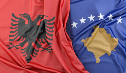 Ruffled Flags of Albania and Kosovo. 3D Rendering