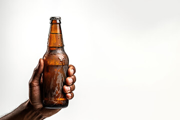 a male hand holding up a bottle of beer isolated on a white background with copy space