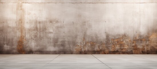 A rough and stained concrete wall is seen with a sidewalk and street in front. It creates a grunge background with plenty of copy space. - obrazy, fototapety, plakaty