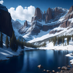 tranquil landscape with blue skies, mountain range, and a reflective lake, generative AI
