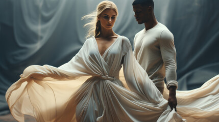 Fashion shot of a beautiful woman in a long white dress with a black man. Couple is dancing.