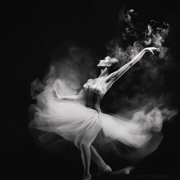 Contours of beautiful ballerina dissolve in smoke on a black background, romantic background, black and white photo