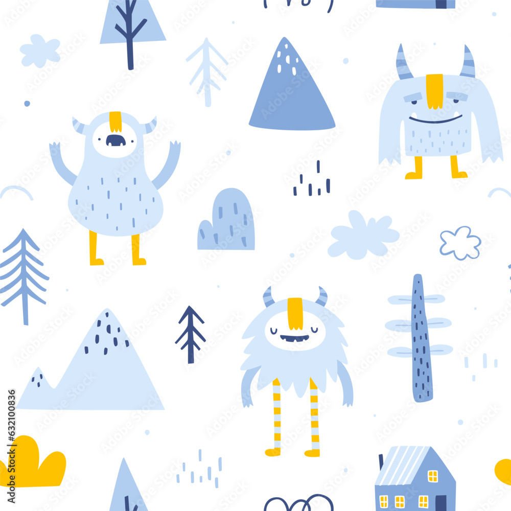 Poster nordic pattern with cute yeti. seamless scandinavian vector print with naive doodle yeti for kids.