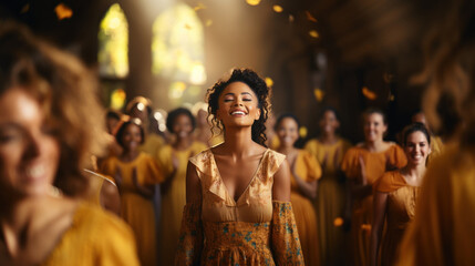 Beautiful young woman in a yellow dress with christian gospel singers in church, praising Lord Jesus Christ. - obrazy, fototapety, plakaty