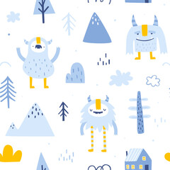 Nordic pattern with cute yeti. Seamless scandinavian vector print with naive doodle yeti for kids. - obrazy, fototapety, plakaty