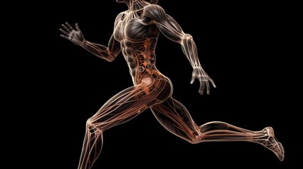Anatomical structure of muscular system of human body, dark background. AI generated.