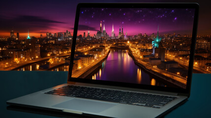Laptop on a table in front of a city skyline at night.
