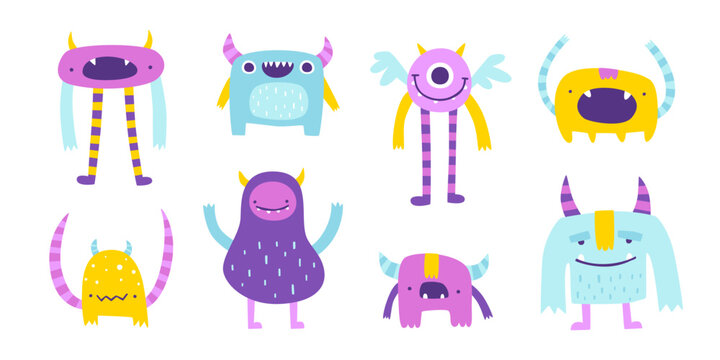Set of cute monsters. Vector collection of friendly beasts for kids. Bright doodle monsters bundle for babies.